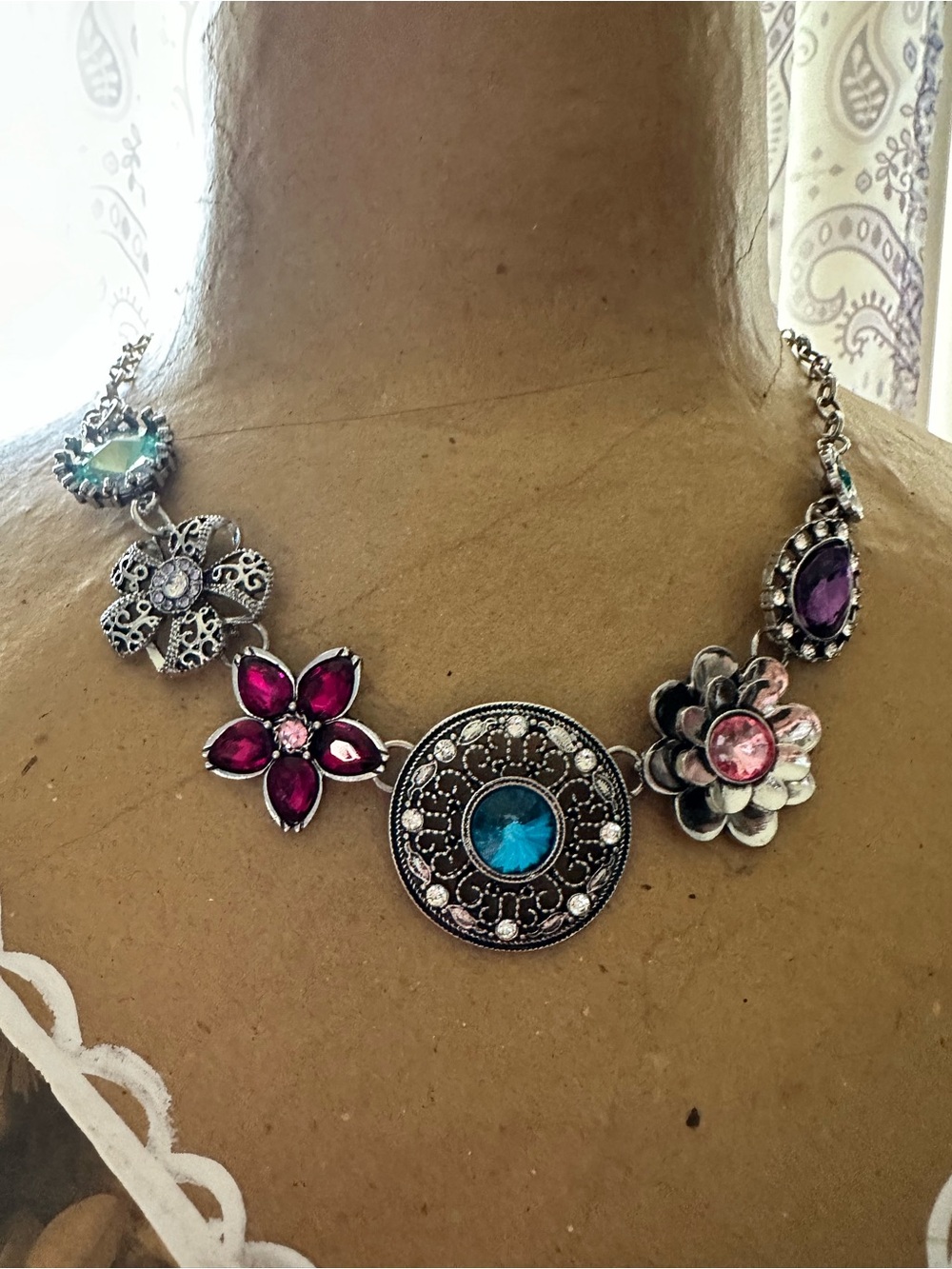 Multicolor Gemstone Floral Necklace - Silver-Tone Statement